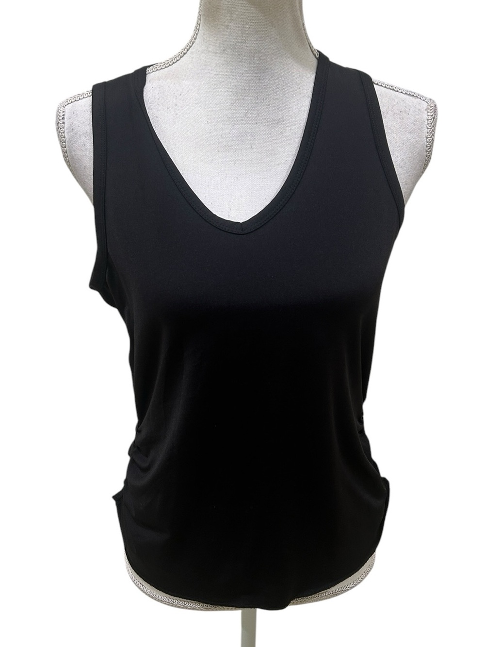 Lucky in love black V-Neck ruched sleeveless Tank Top back stripes size large